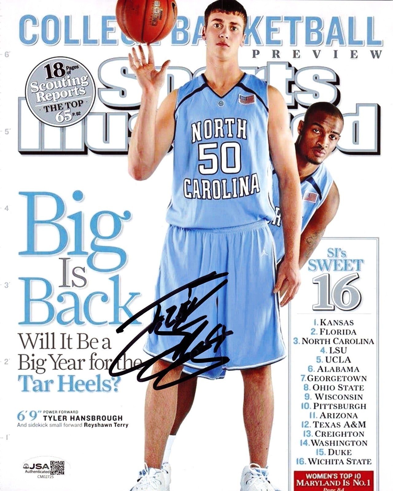 Tyler Hansbrough UNC Carolina Tar Heels Basketball Signed 8x10 Photo w/JSA COA A