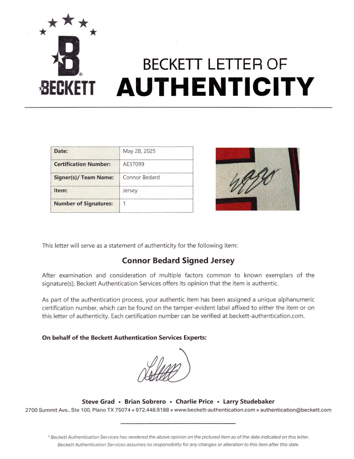 Connor Bedard Signed Chicago Blackhawks Hockey Jersey w/Beckett COA AE37099