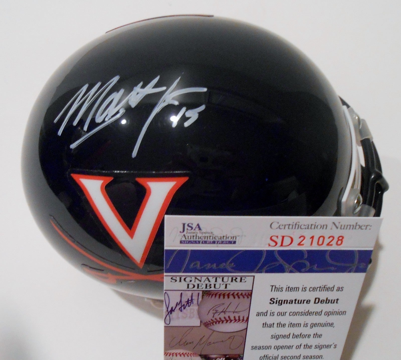 Matt Johns Signed UVA Virginia Cavaliers Mini Helmet w/JSA COA SD21028 C