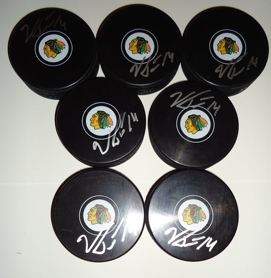 Viktor Tikhonov signed 15-16 Chicago Blackhawks souvenir logo hockey puck w/coa