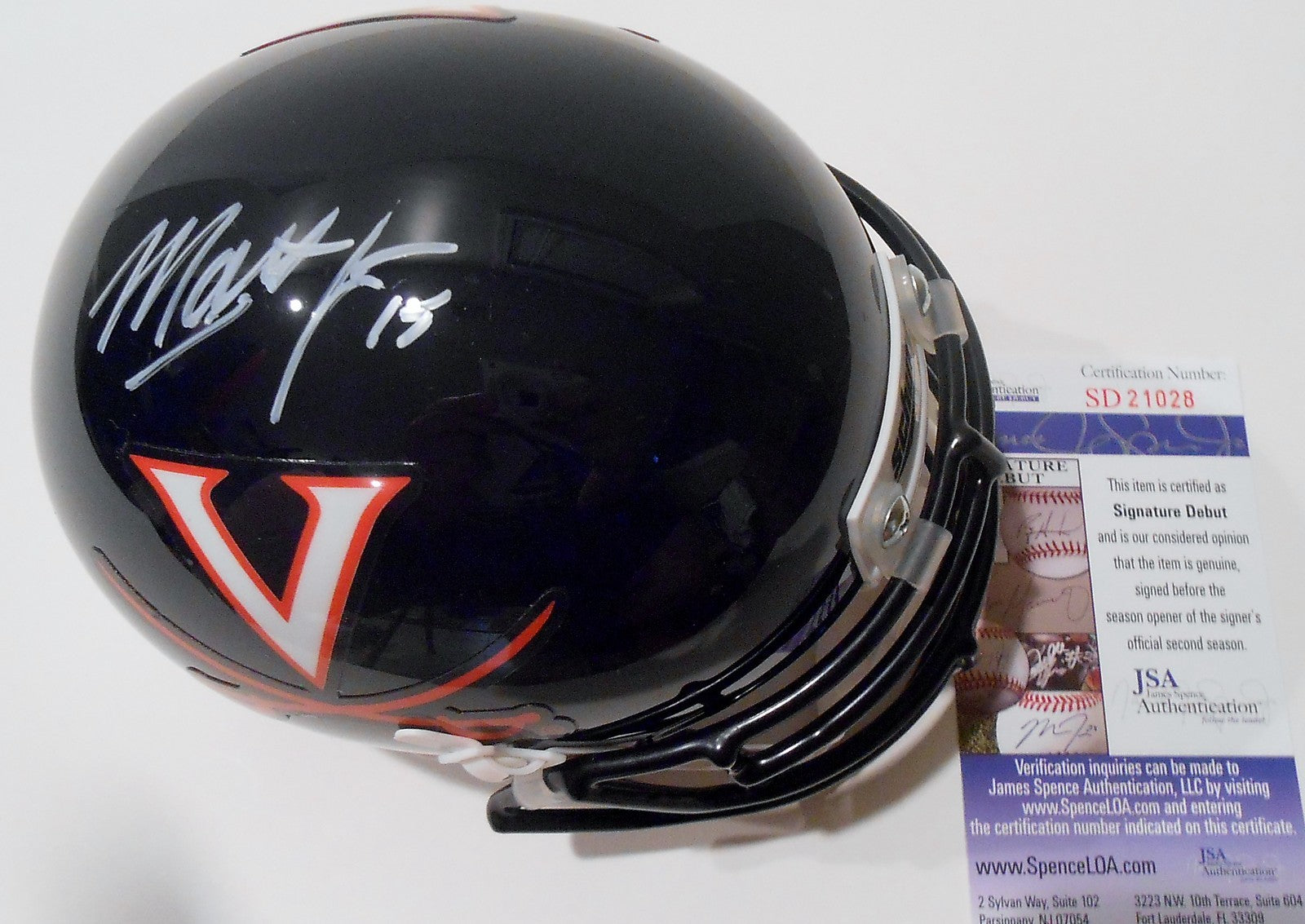 Matt Johns Signed UVA Virginia Cavaliers Mini Helmet w/JSA COA SD21028 C