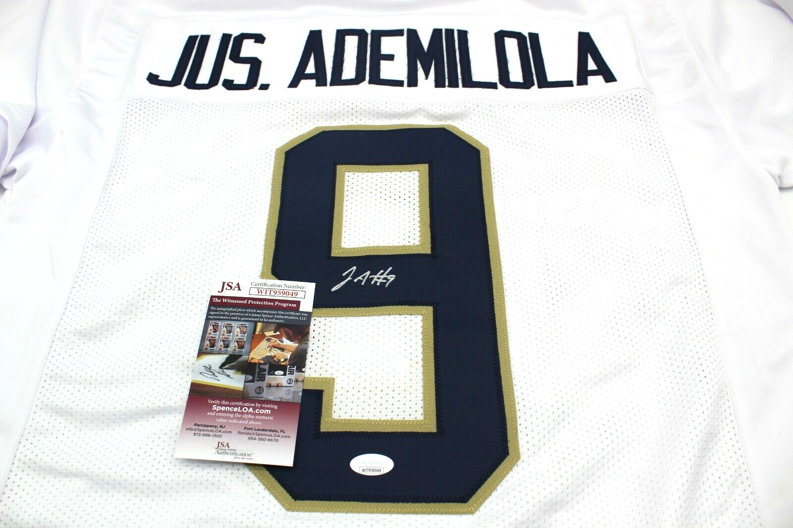 Justin Ademilola Signed Custom White Notre Dame Jersey w/JSA COA WITNESS