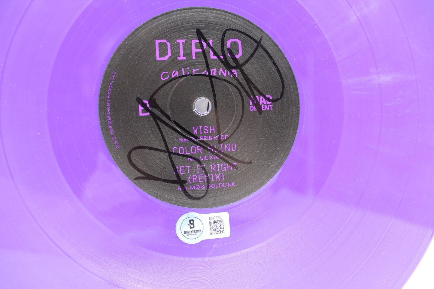 Diplo Signed California Vinyl Album Purple Record Only LP W/BECKETT COA BN71257
