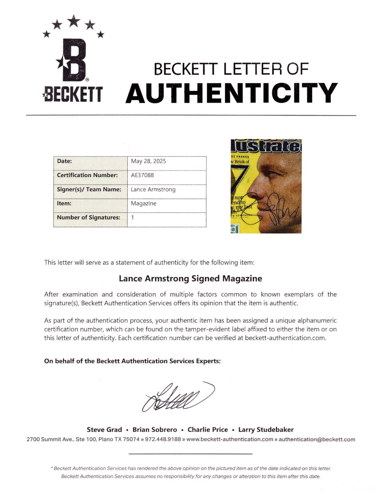 Lance Armstrong Signed June 2005 Sports Illustrated S.I. Beckett COA AE37088