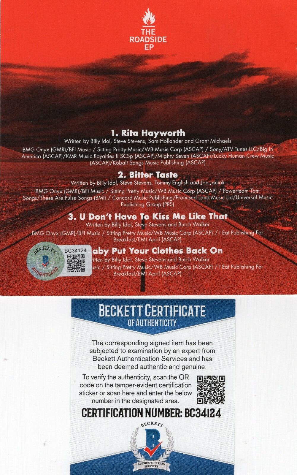 Billy Idol Signed Roadside EP CD Cover w/Beckett COA BC34124 Authentic Brand New