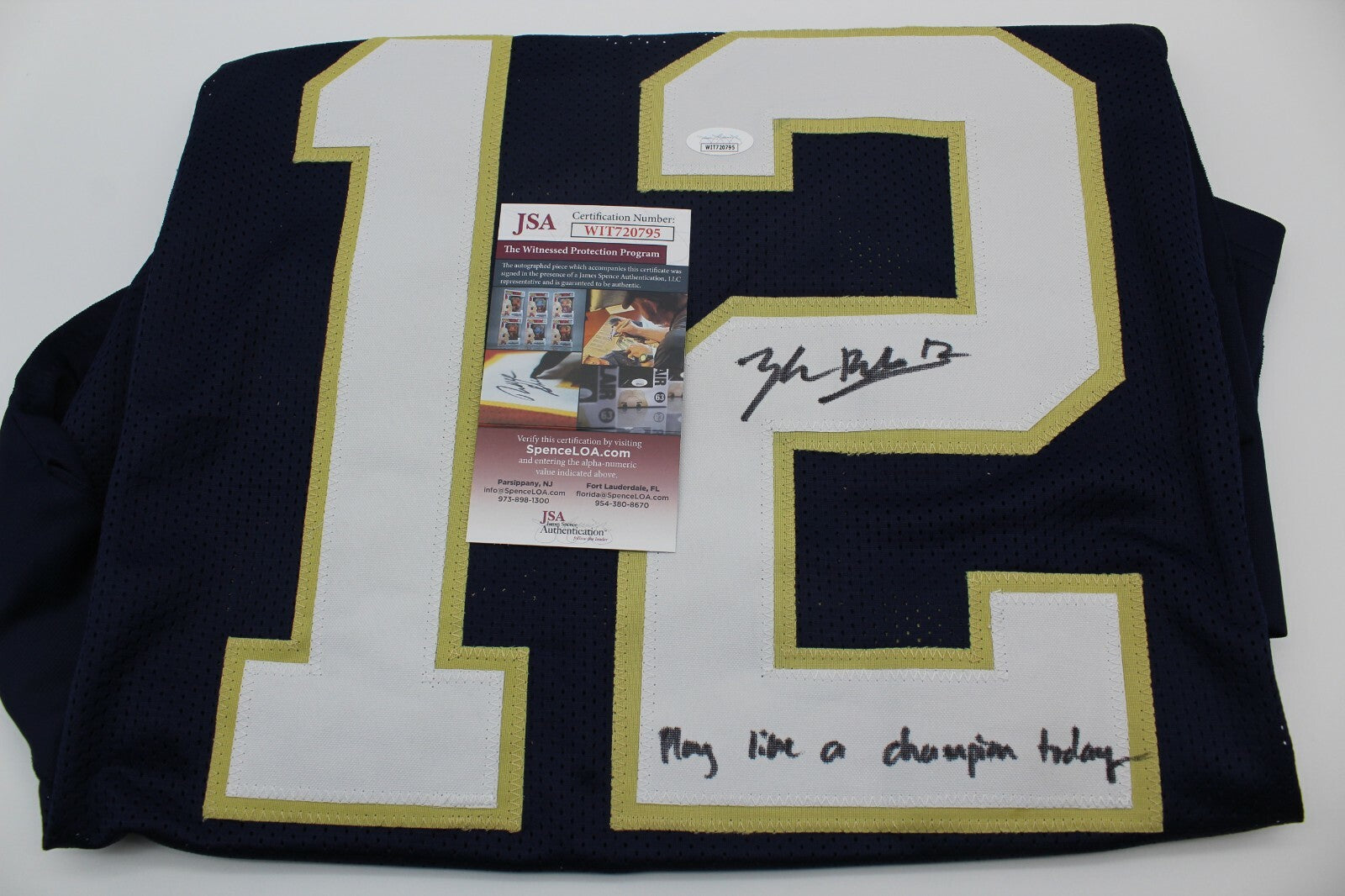 Tyler Buchner Signed Custom Notre Dame Blue Jersey w/JSA COA Witness PLACT