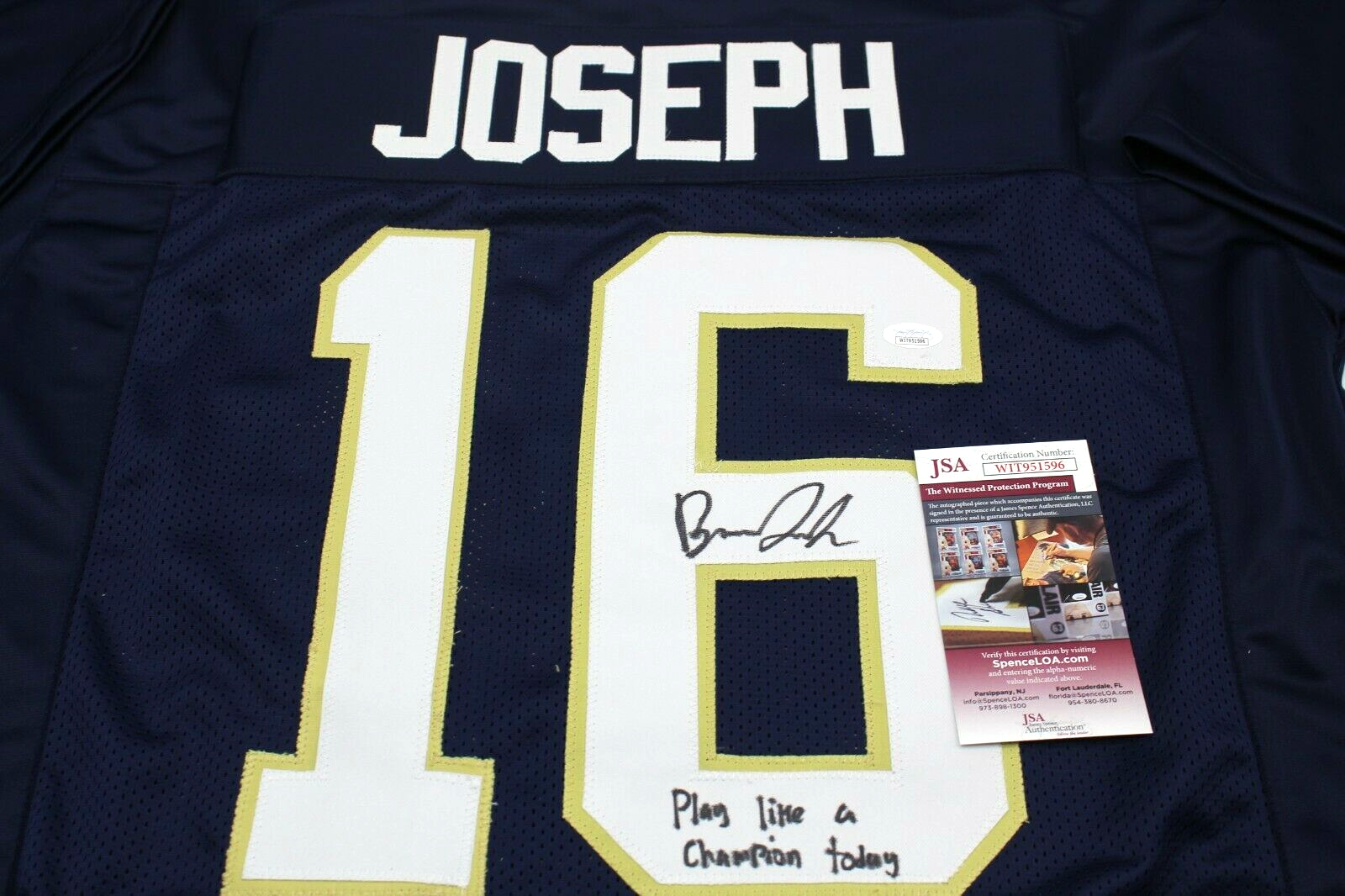 Brandon Joseph Signed Custom Blue Notre Dame Football Jersey w/JSA COA Proof