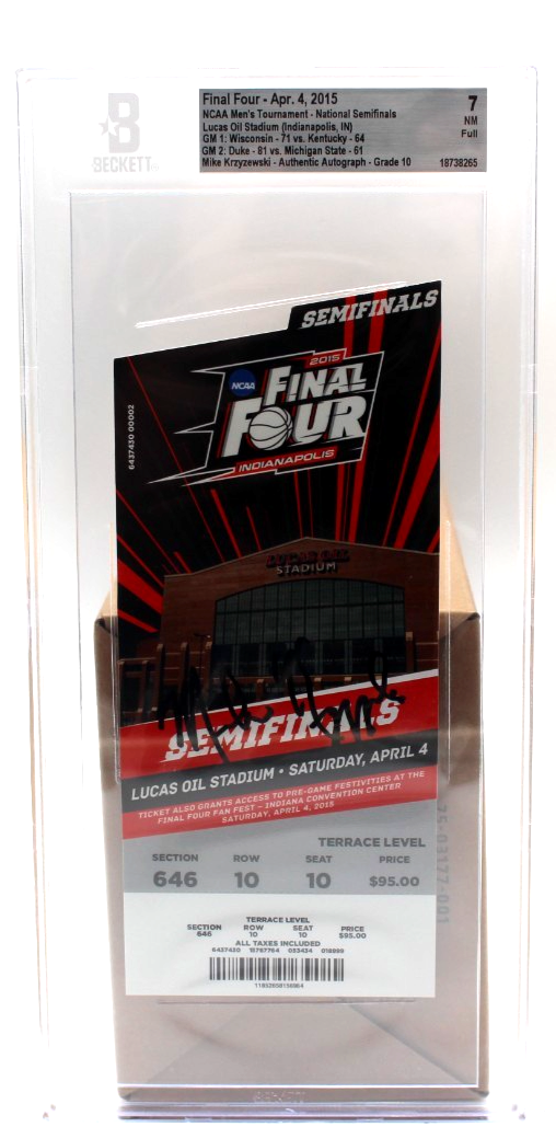 Mike Krzyzewski Signed Duke Blue Devils 2015 NCAA Final Four Ticket w/Beckett