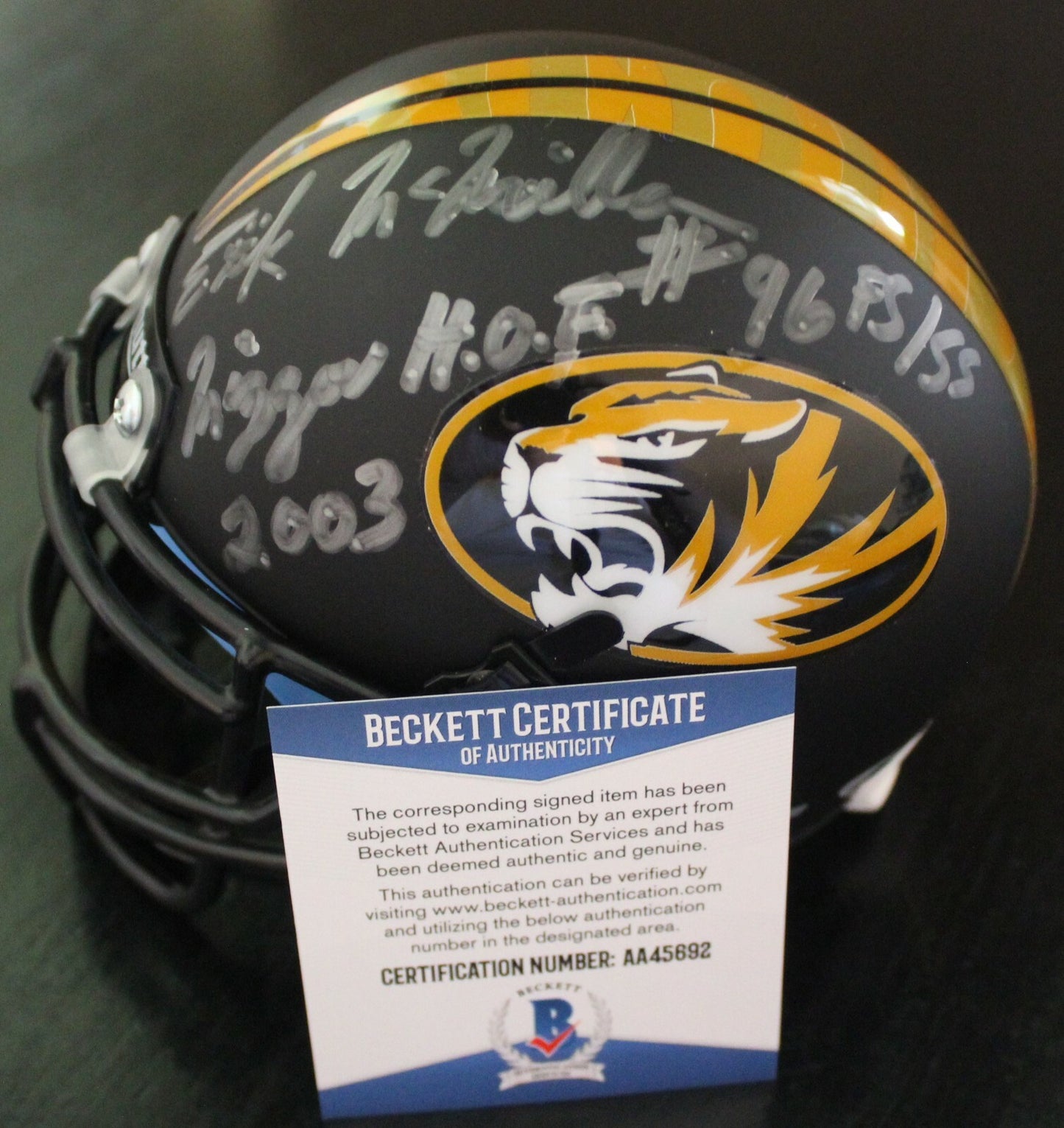Erik McMillan Signed Missouri Tigers Mini Helmet w/Beckett COA AA45692 BAS