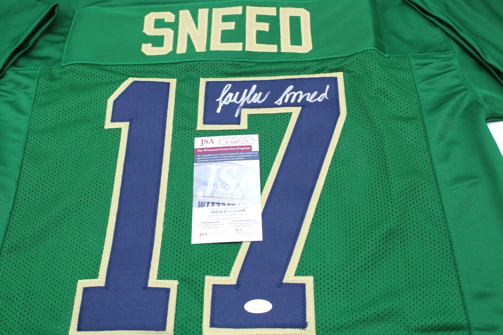 Jaylen Sneed Signed Custom Green Notre Dame Football Jersey w/JSA COA Proof