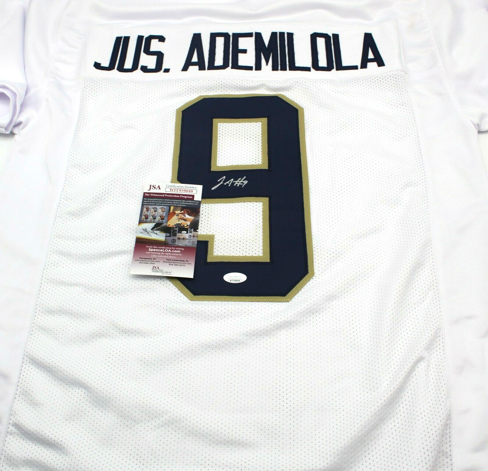 Justin Ademilola Signed Custom White Notre Dame Jersey w/JSA COA WITNESS