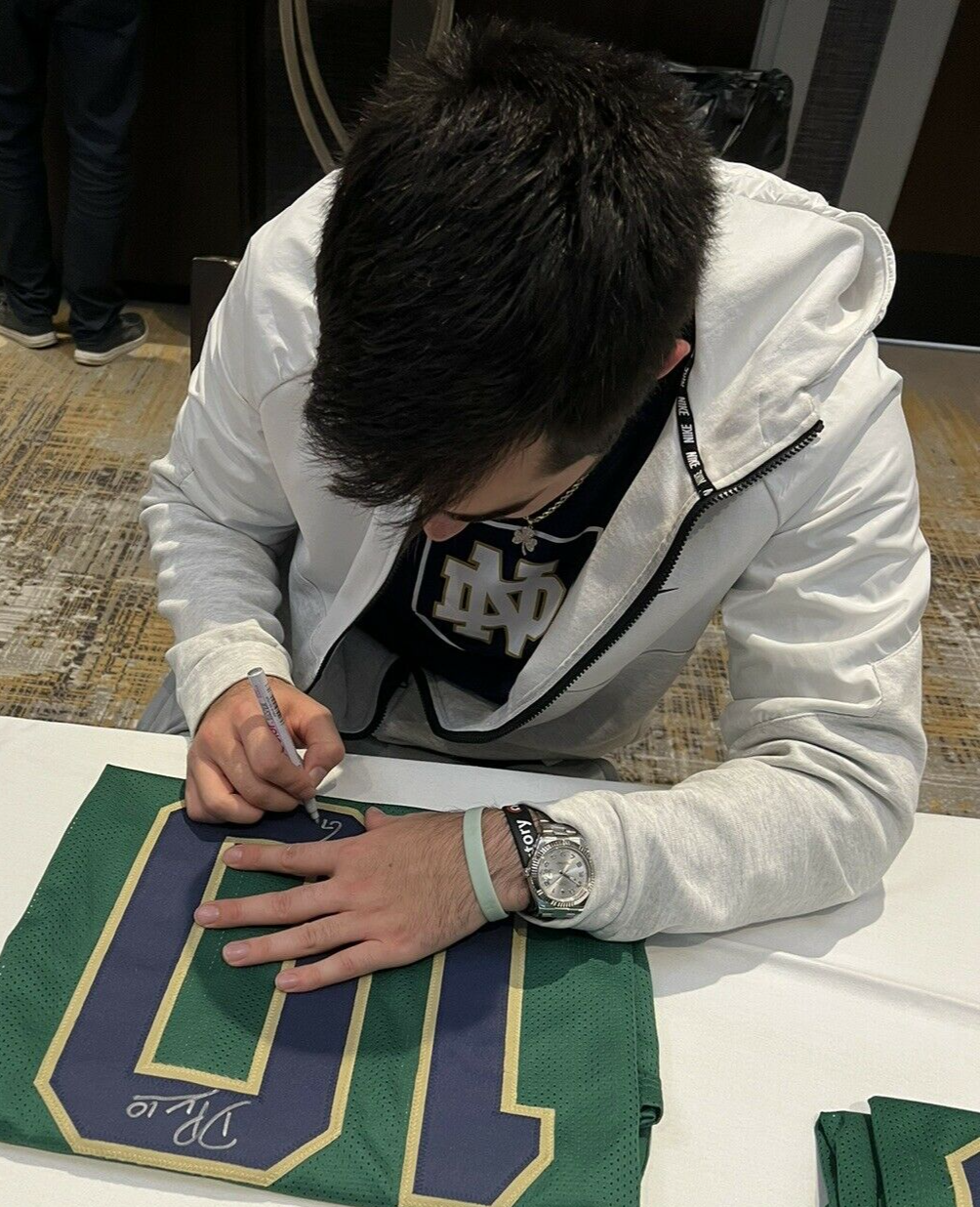 Drew Pyne Signed Custom Green Notre Dame Football Jersey Go Irish! Proof w/JSA