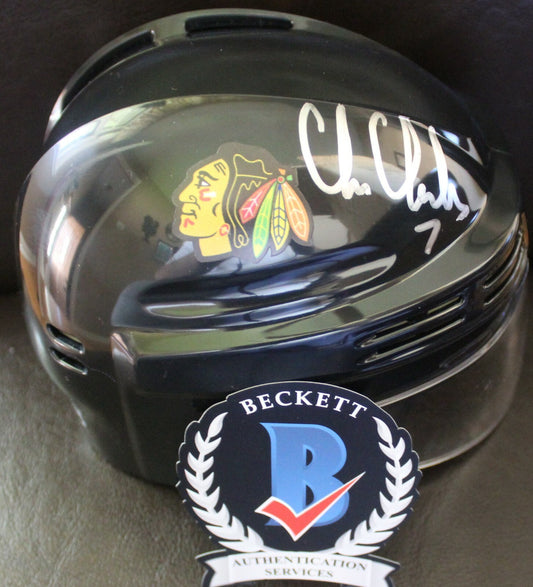 Chris Chelios Signed Chicago Blackhawks Mini Hockey Helmet w/Beckett COA 