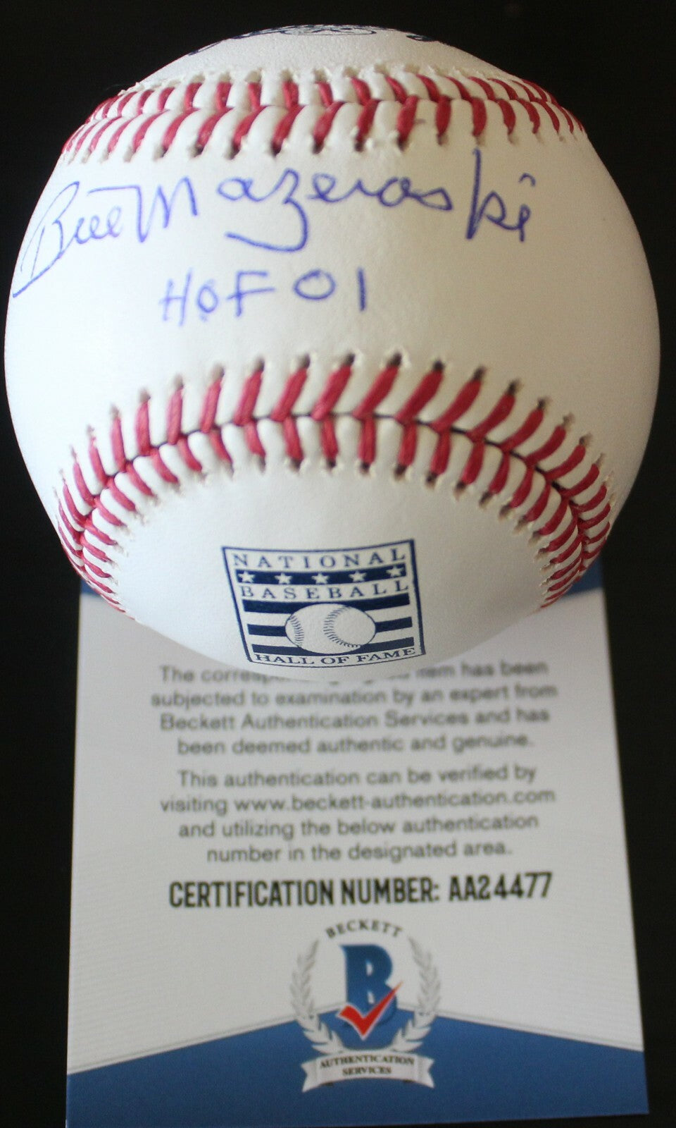 Bill Mazeroski Signed Official Hall of Fame Baseball w/Beckett COA AA24477