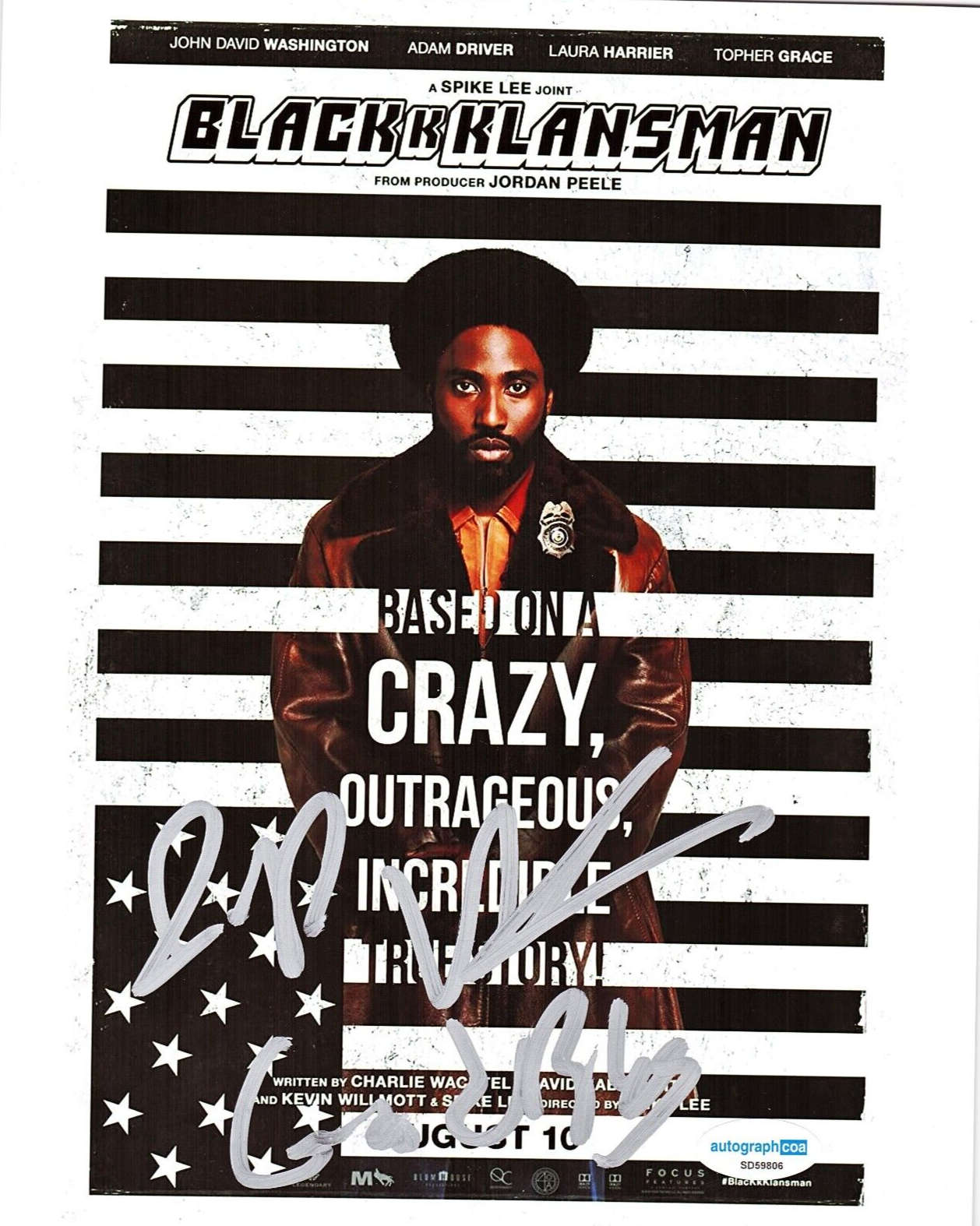 John David Washinton BlackkKlansman Signed 8x10 Photo w/ACOA SD59806
