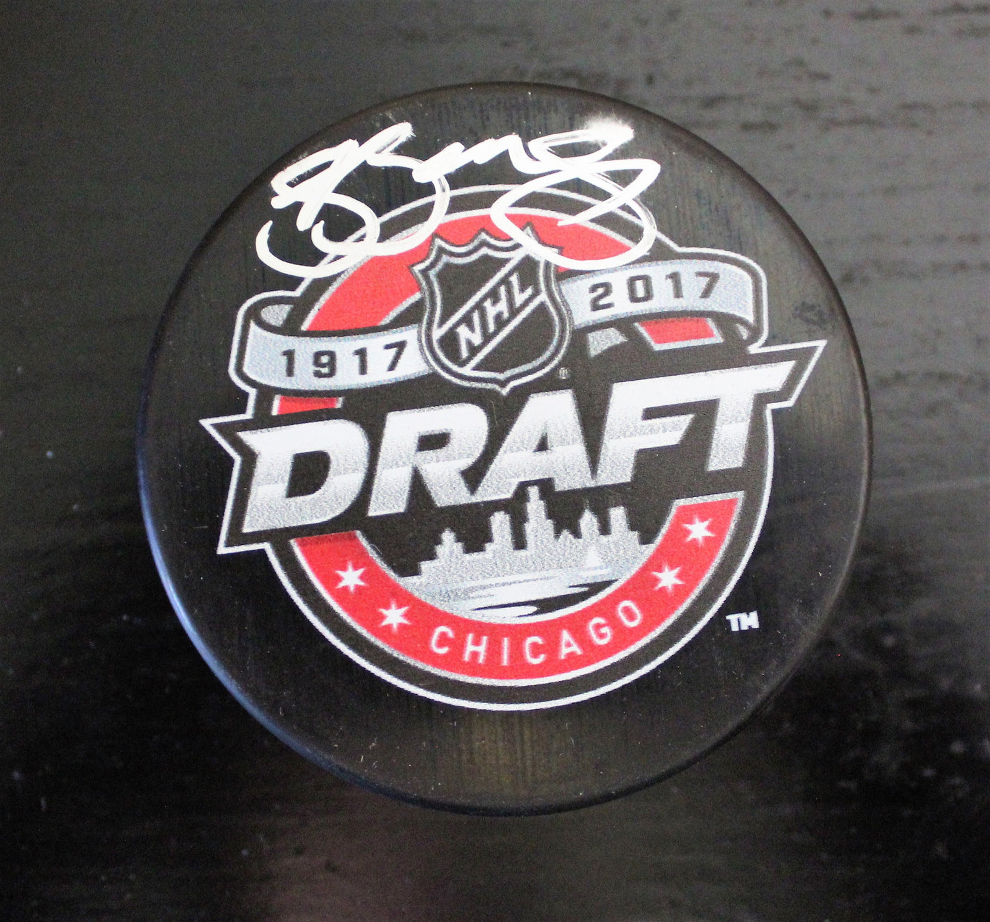 Shane Bowers Signed 2017 NHL Draft Puck w/COA Ottawa Senators