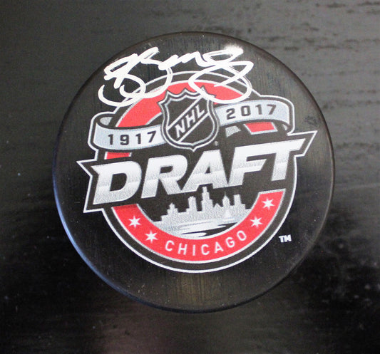 Shane Bowers Signed 2017 NHL Draft Puck w/COA Ottawa Senators