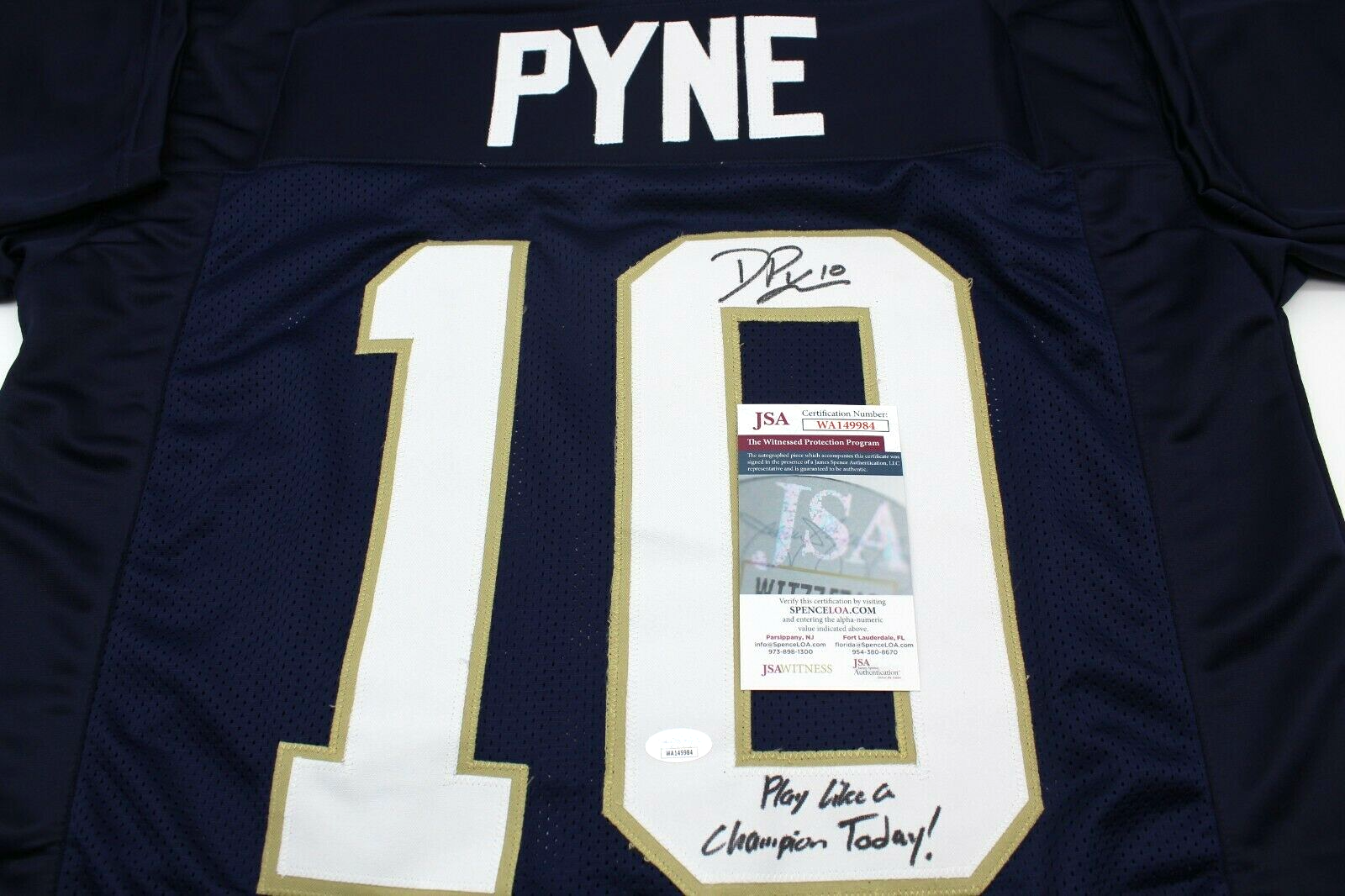 Drew Pyne Signed Custom Blue Notre Dame Football Jersey XL Proof w/JSA COA #1