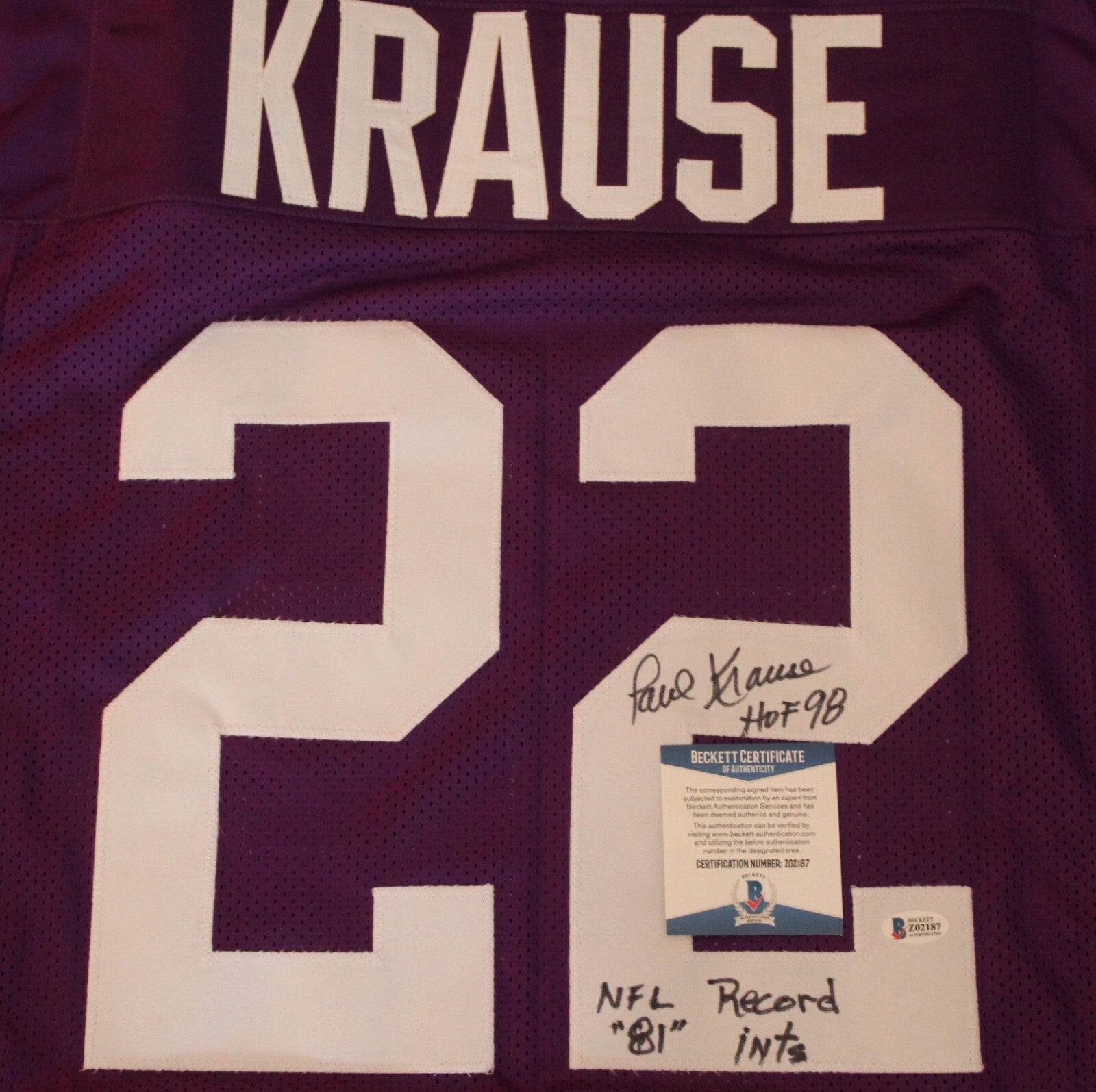 Paul Krause Signed Minnesota Vikings Custom XL Jersey w/Beckett COA Z02187