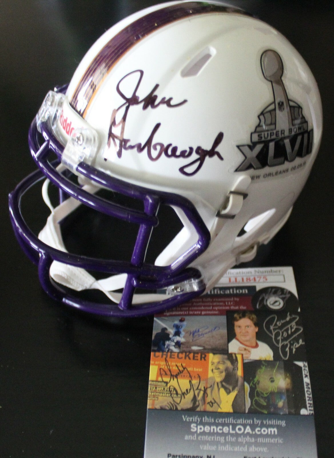 John Harbaugh Signed SB XLVII Ravens Mini Football Helmet w/JSA COA LL18475