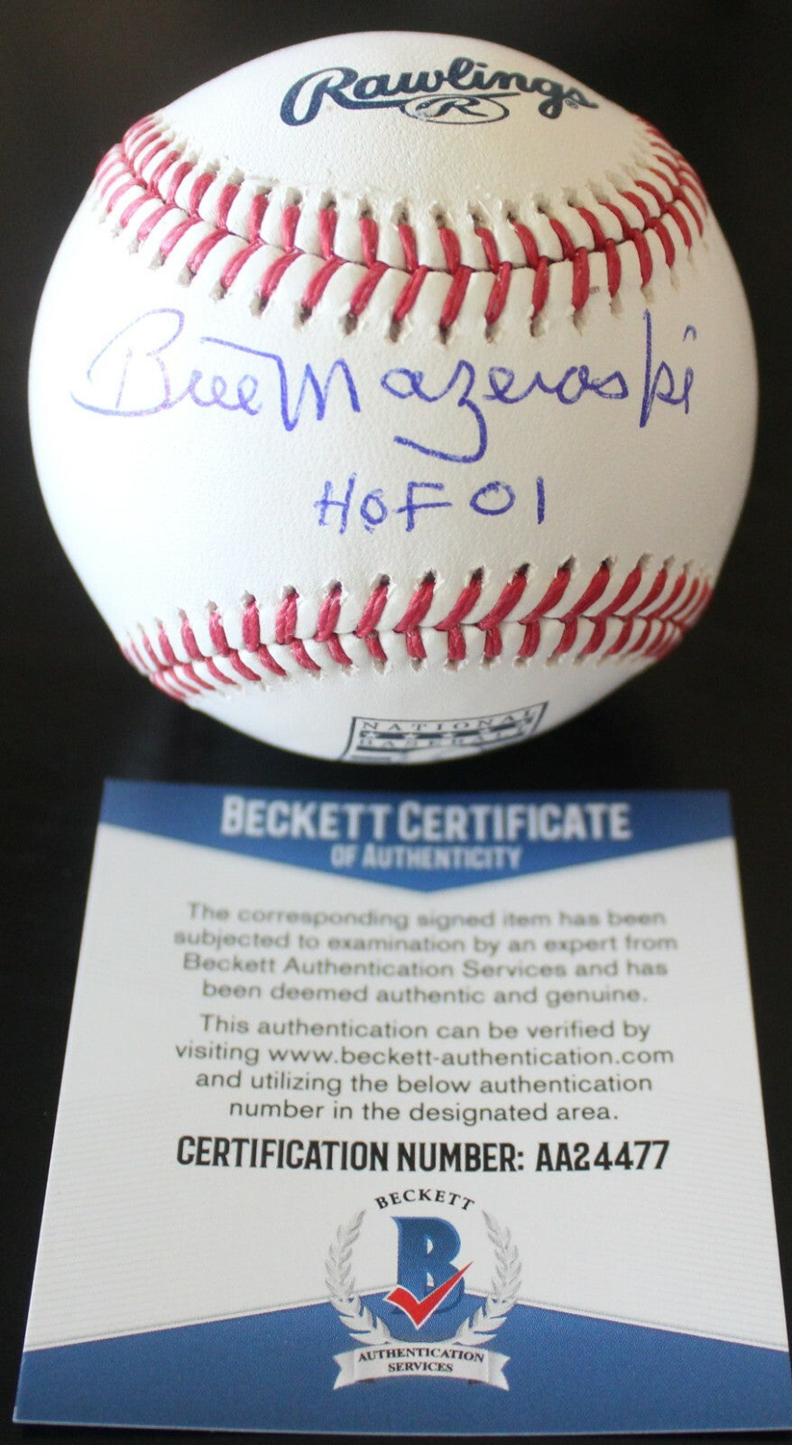 Bill Mazeroski Signed Official Hall of Fame Baseball w/Beckett COA AA24477