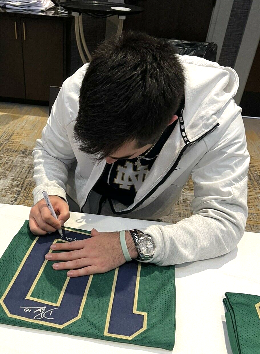 Drew Pyne Signed Custom Green Notre Dame Football Jersey Go Irish! Proof w/JSA