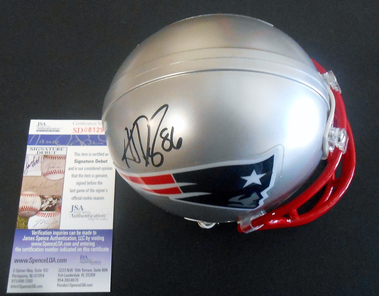 AJ Derby Signed Patriots Mini Helmet w/JSA COA Signature Debut