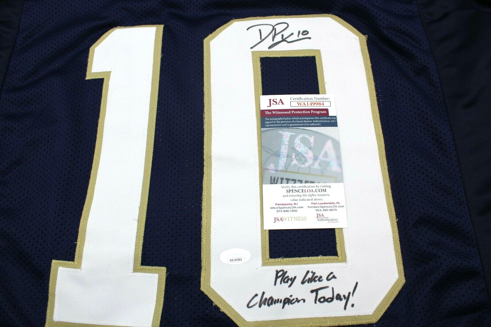 Drew Pyne Signed Custom Blue Notre Dame Football Jersey XL Proof w/JSA COA #1