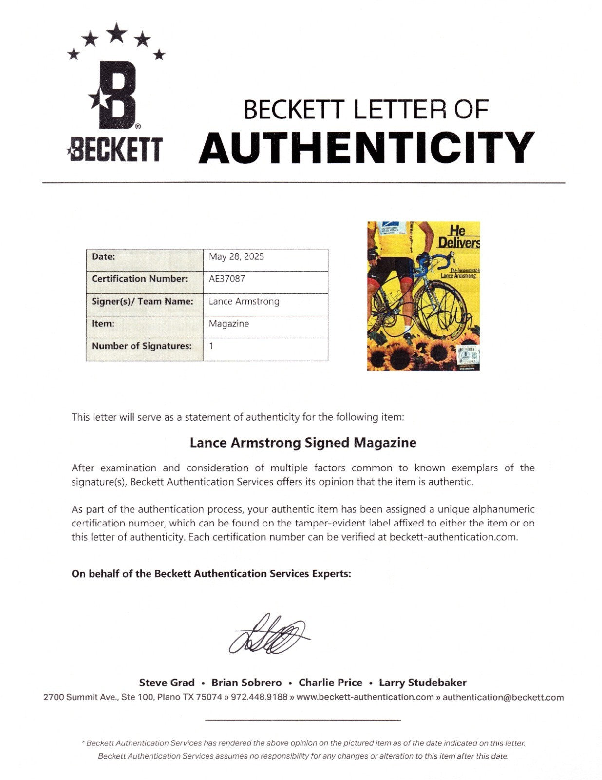 Lance Armstrong Signed August 2001 Sports Illustrated S.I. Beckett COA AE37087