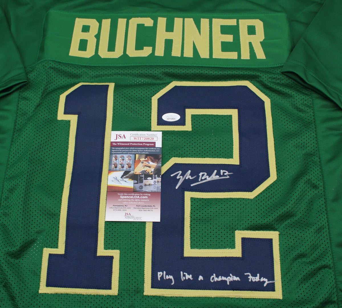Tyler Buchner Signed Custom Notre Dame Green Jersey w/JSA COA Witness PLACT