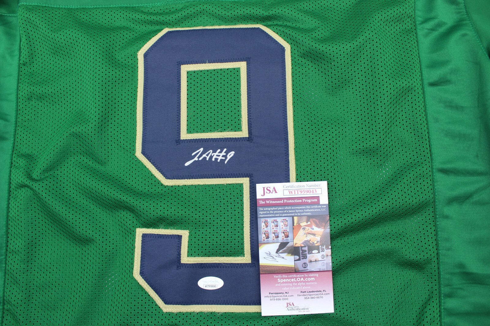 Justin Ademilola Signed Custom Green Notre Dame Jersey w/JSA COA WITNESS