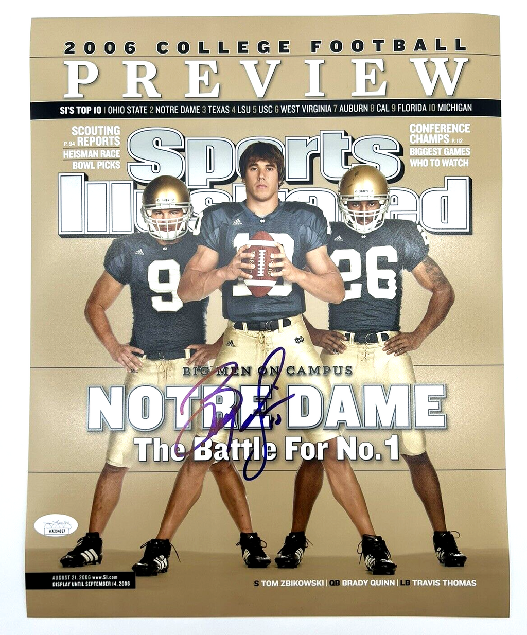 Brady Quinn Signed Notre Dame Football Sports Illustrated 11x14 Photo w/JSA COA