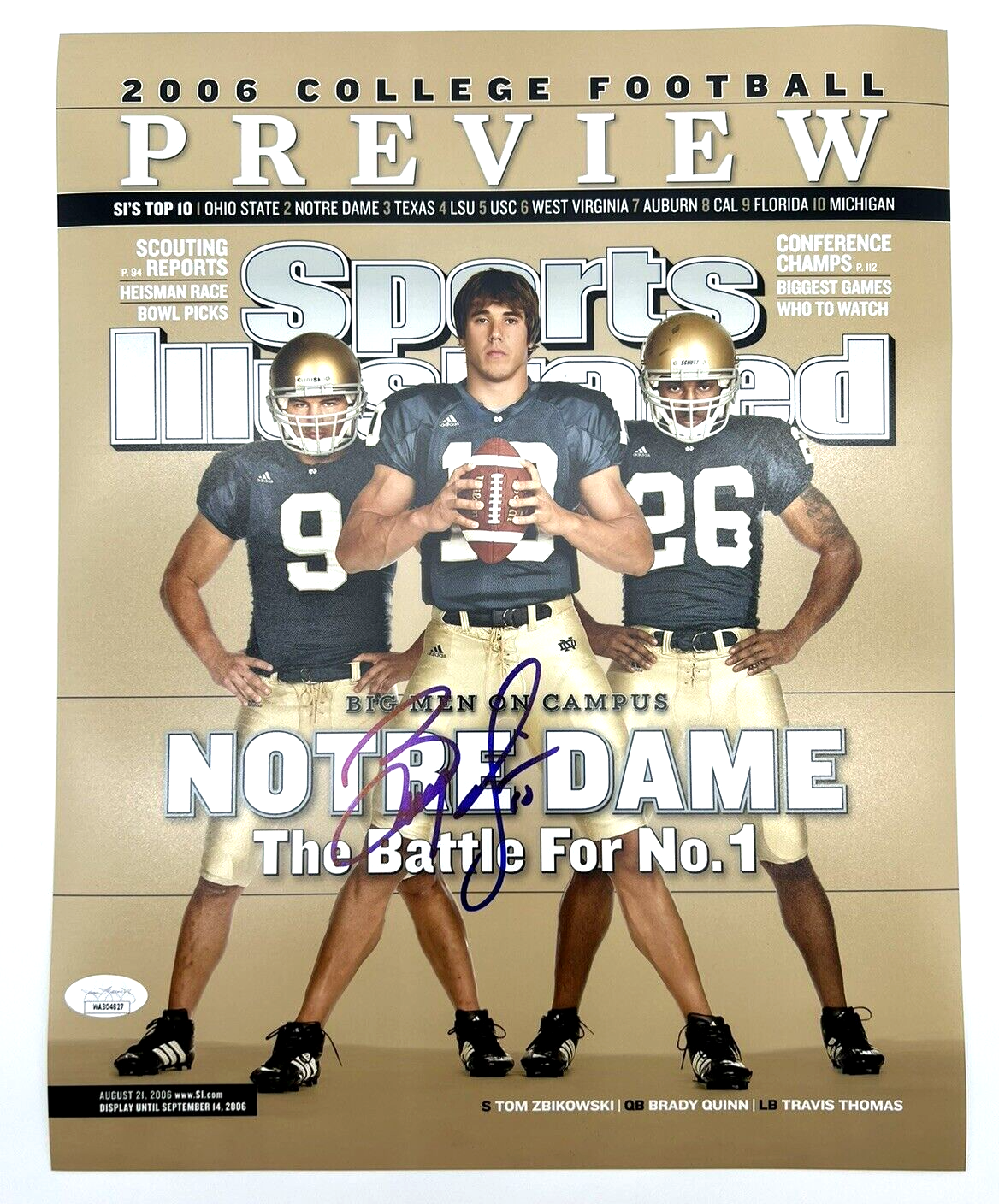 Brady Quinn Signed Notre Dame Football Sports Illustrated 11x14 Photo w/JSA COA