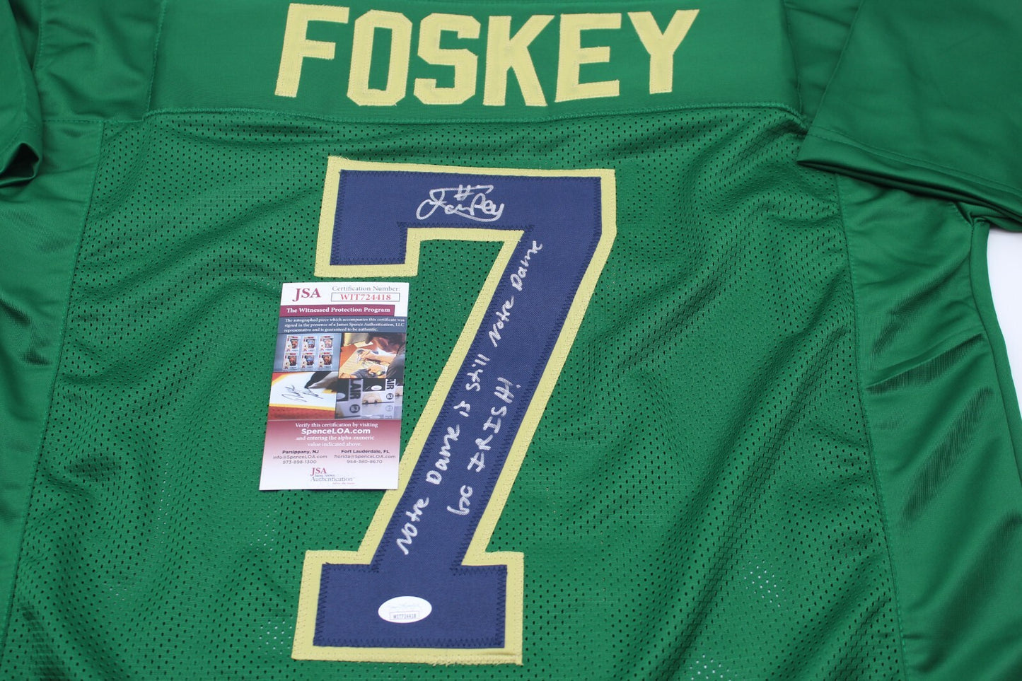 Isaiah Foskey Signed Custom Green Notre Dame Jersey w/JSA COA Witness Proof #3