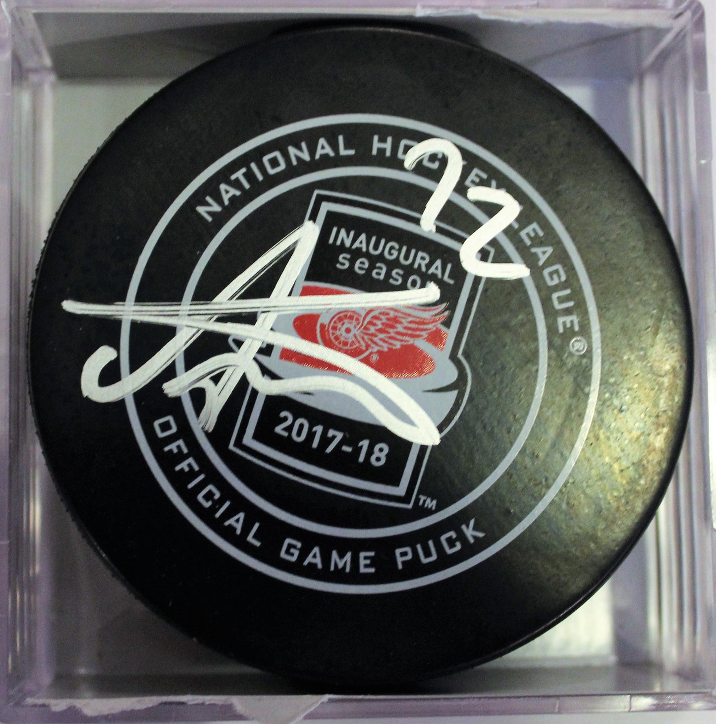 Andreas Athanasiou Signed Detroit Red Wings Official Game Puck w/COA 2017-18