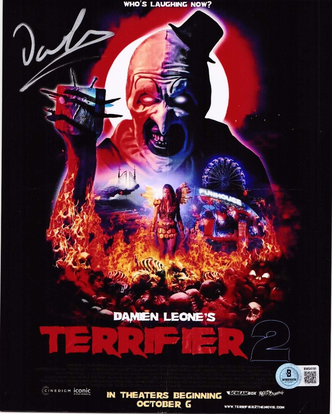 Damien Leone Signed Terrifier Art the Clown 8x10 Photo w/Beckett BAS BW54191