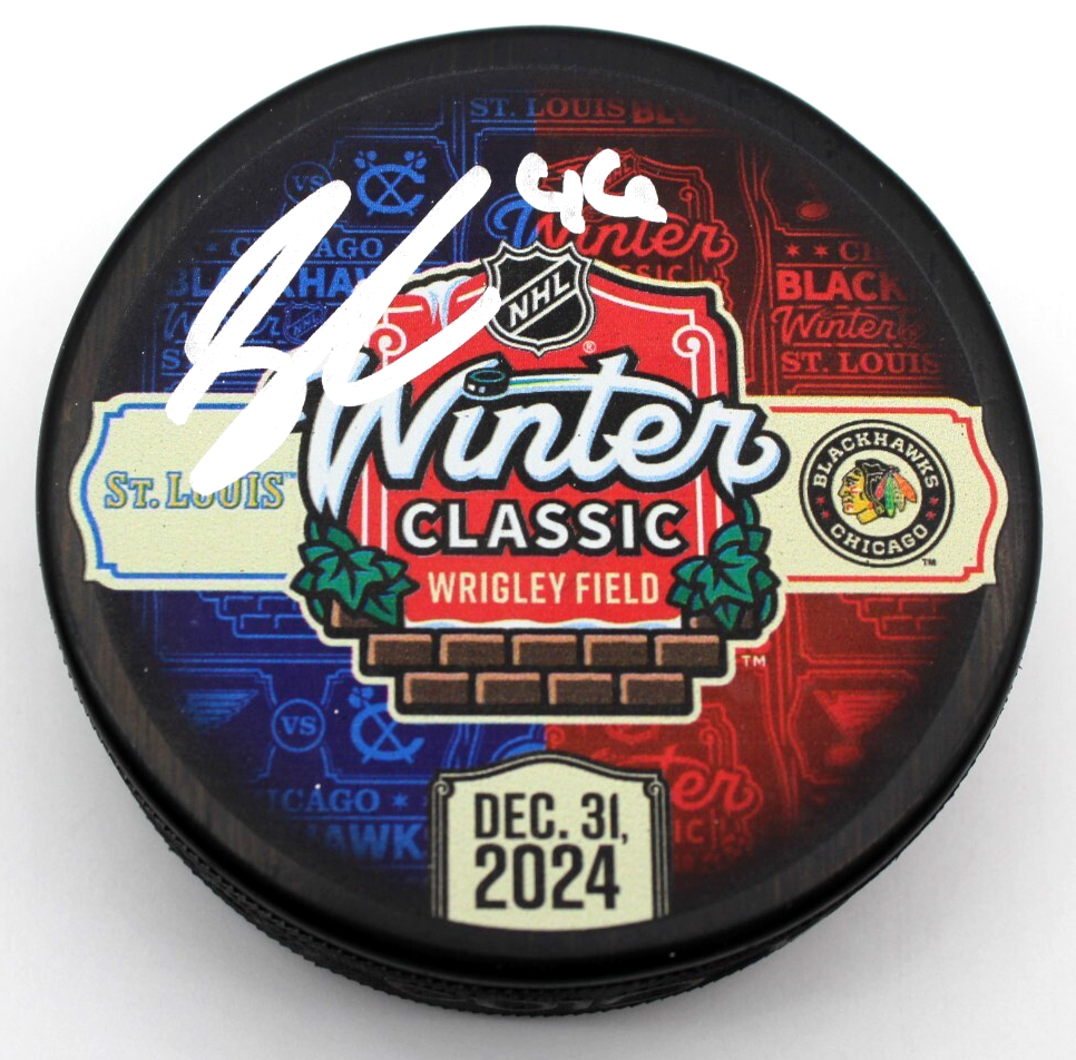 Louis Crevier Signed Chicago Blackhawks 2024 Winter Classic Hockey Puck w/COA
