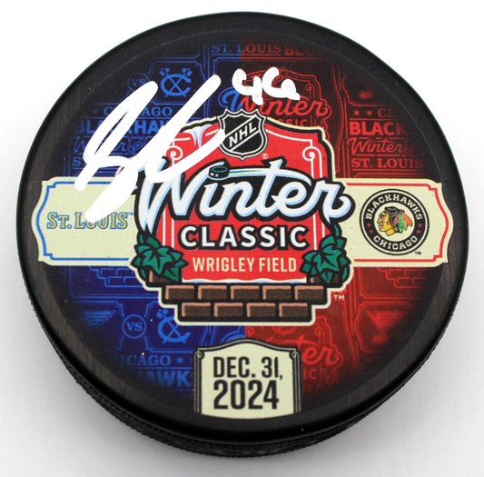 Louis Crevier Signed Chicago Blackhawks 2024 Winter Classic Hockey Puck w/COA