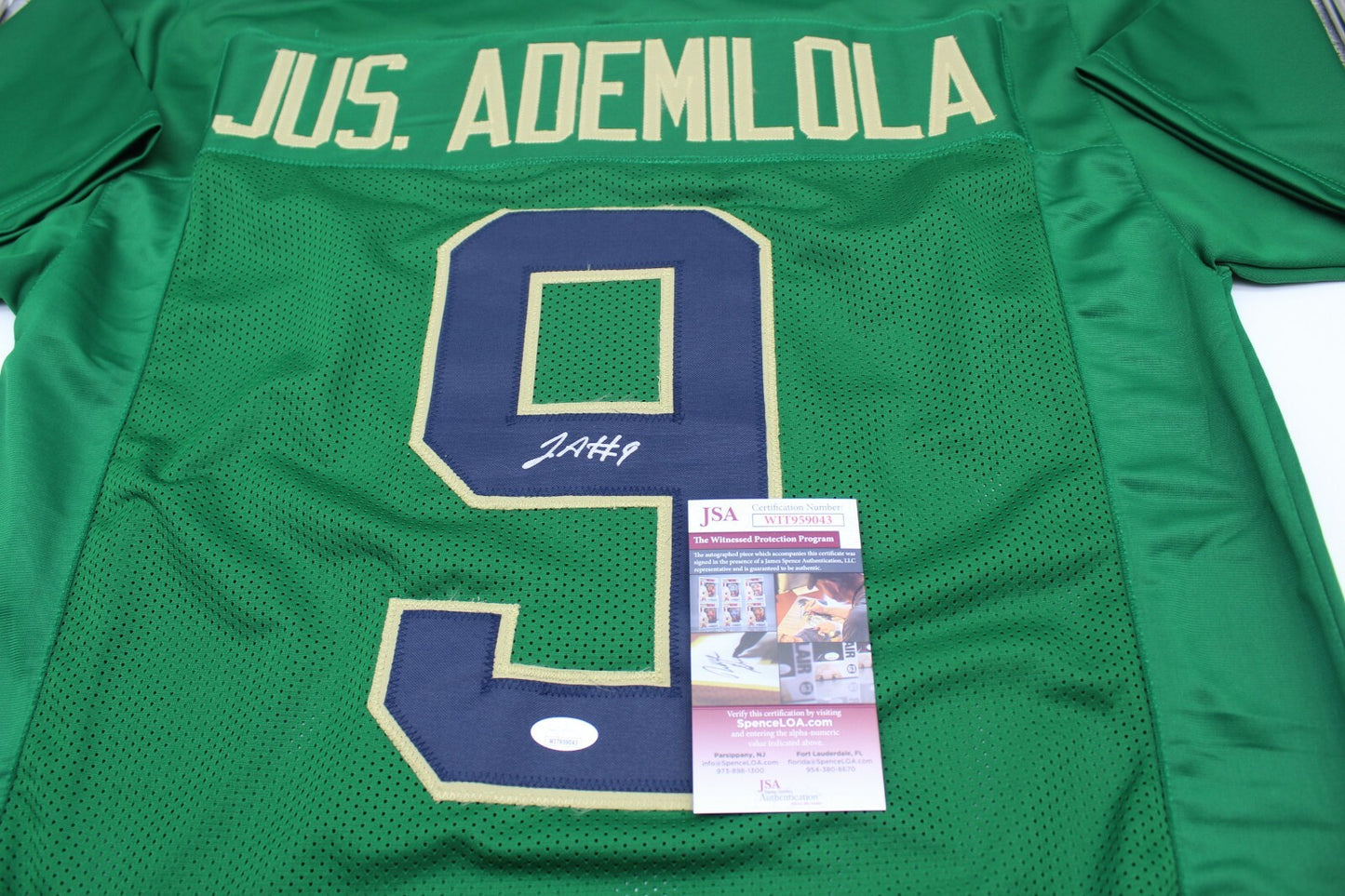 Justin Ademilola Signed Custom Green Notre Dame Jersey w/JSA COA WITNESS