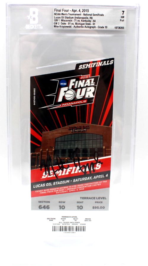 Mike Krzyzewski Signed Duke Blue Devils 2015 NCAA Final Four Ticket w/Beckett