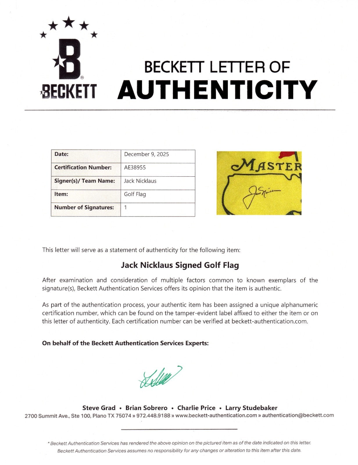 Jack Nicklaus Signed Masters Golf Flag 63,65,66,72,75, 1986 w/BAS LOA AE38955