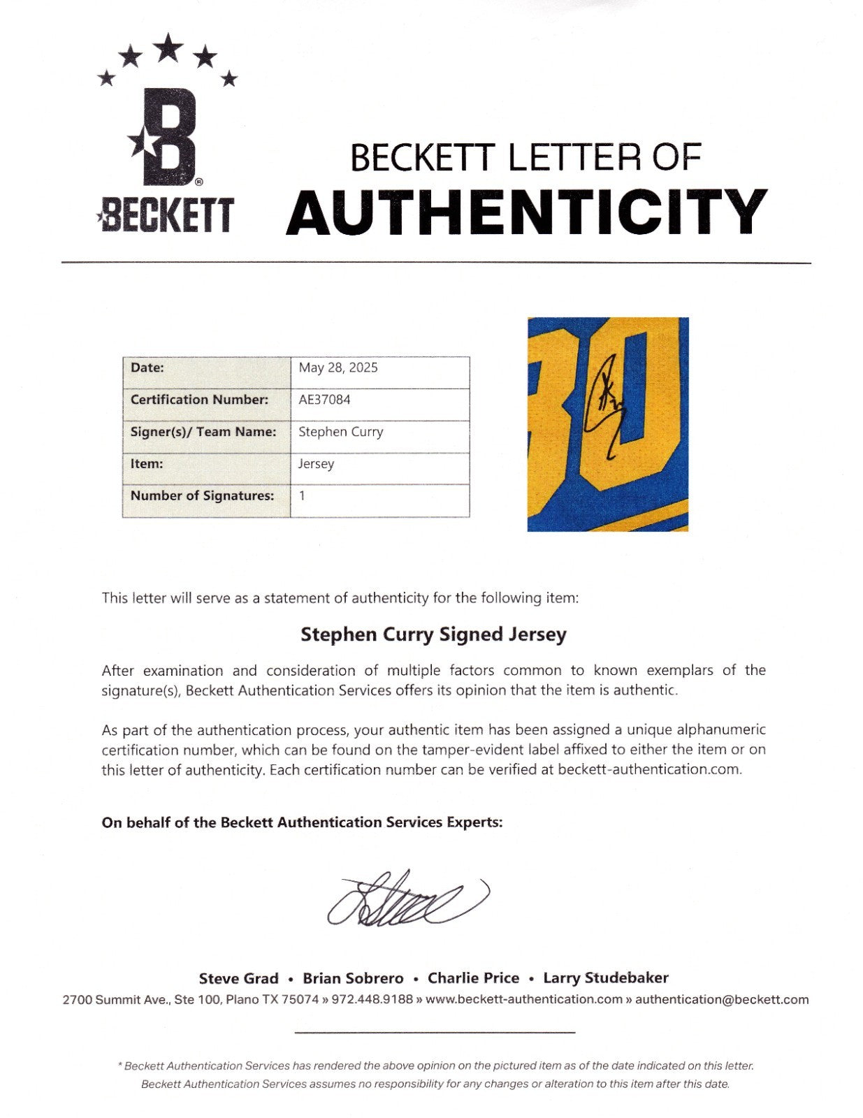 Steph Curry Signed Golden State Warriors The Town Jersey W/Beckett COA AE37084
