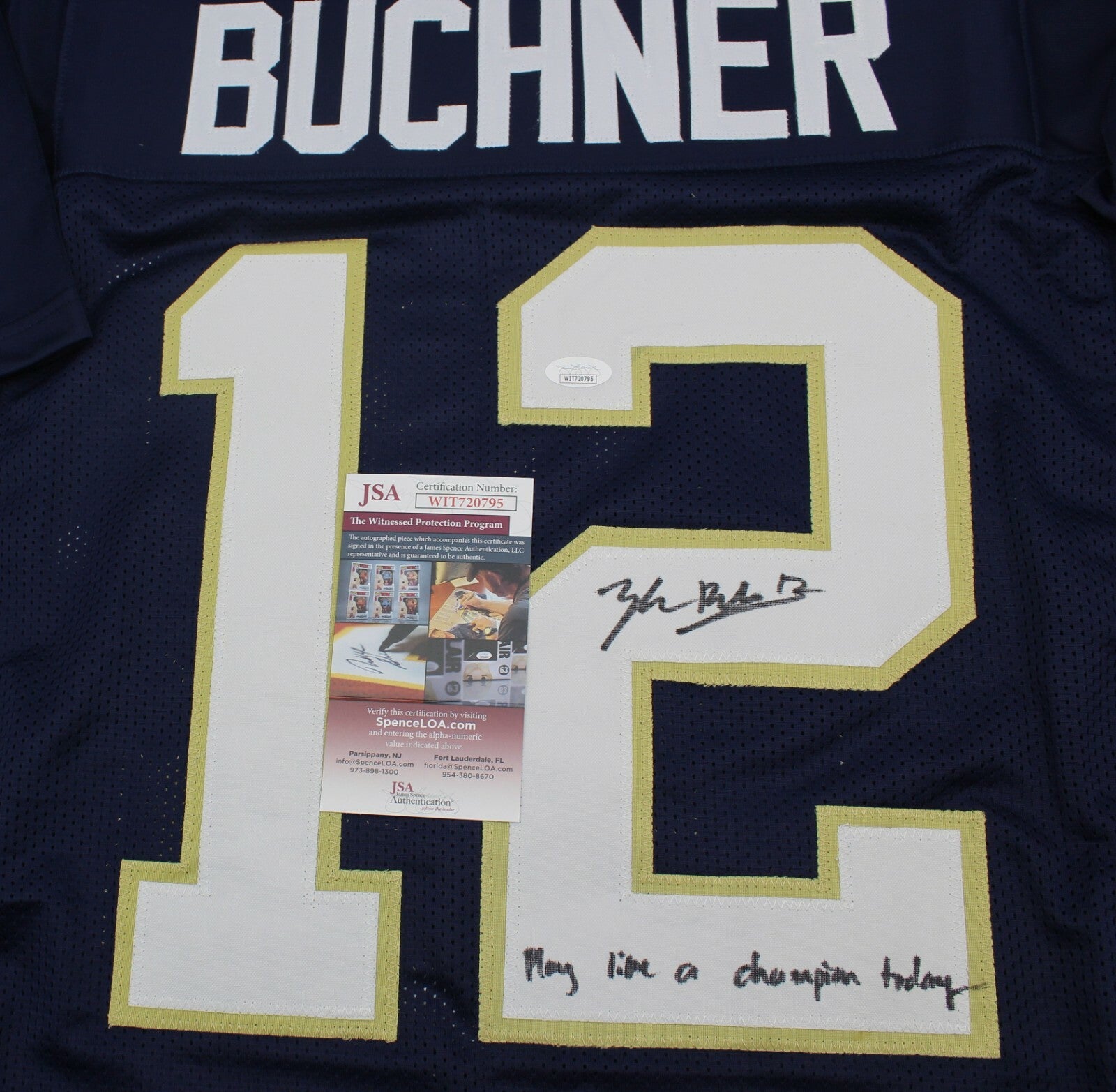 Tyler Buchner Signed Custom Notre Dame Blue Jersey w/JSA COA Witness PLACT