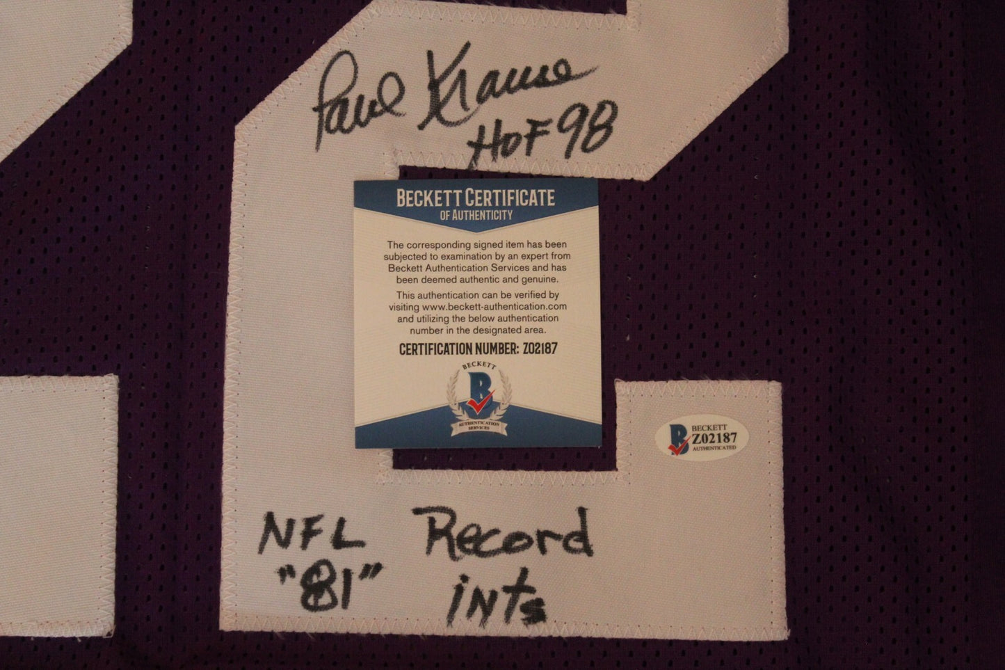 Paul Krause Signed Minnesota Vikings Custom XL Jersey w/Beckett COA Z02187