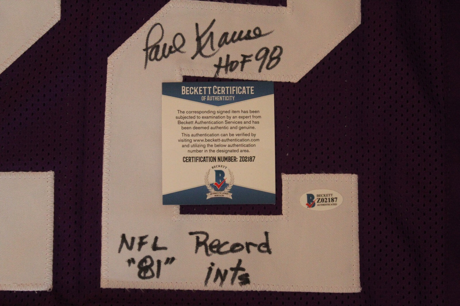 Paul Krause Signed Minnesota Vikings Custom XL Jersey w/Beckett COA Z02187