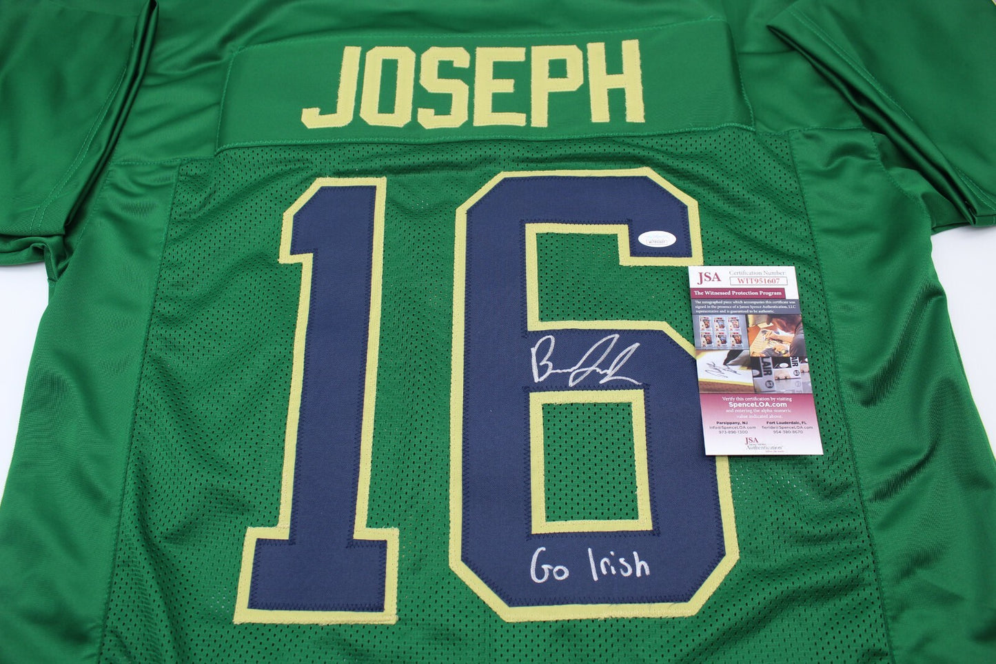 Brandon Joseph Signed Custom Green Notre Dame Football Jersey w/JSA COA Proof #1
