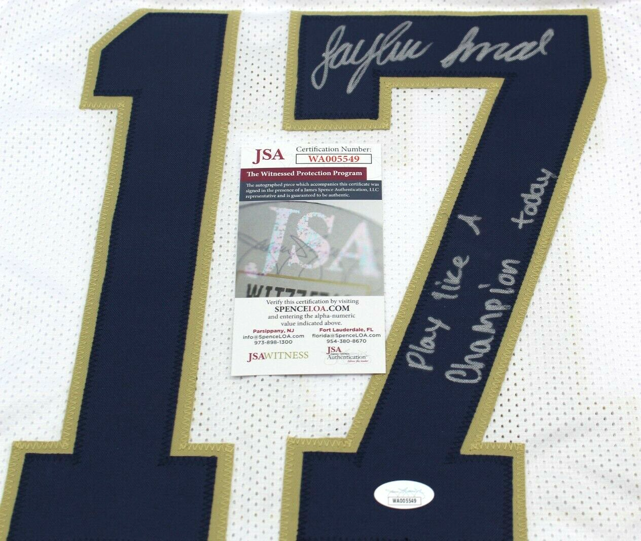 Jaylen Sneed Signed Custom White Notre Dame Football Jersey w/JSA COA Proof #1