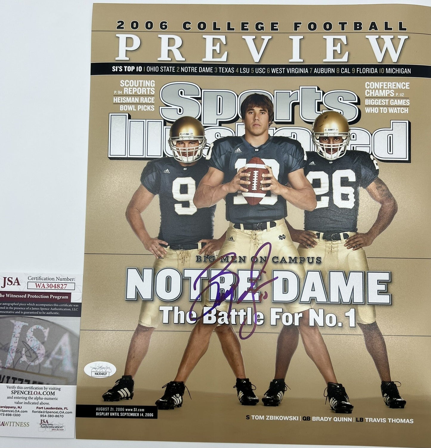 Brady Quinn Signed Notre Dame Football Sports Illustrated 11x14 Photo w/JSA COA
