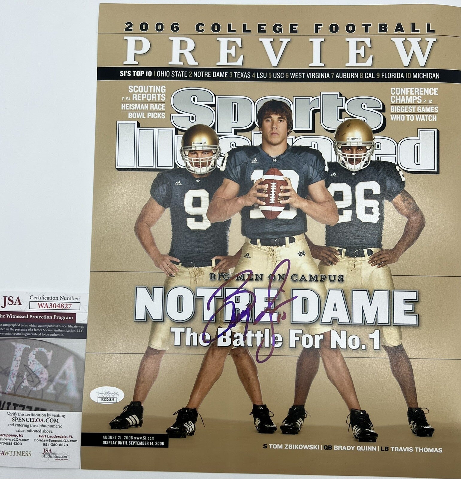 Brady Quinn Signed Notre Dame Football Sports Illustrated 11x14 Photo w/JSA COA