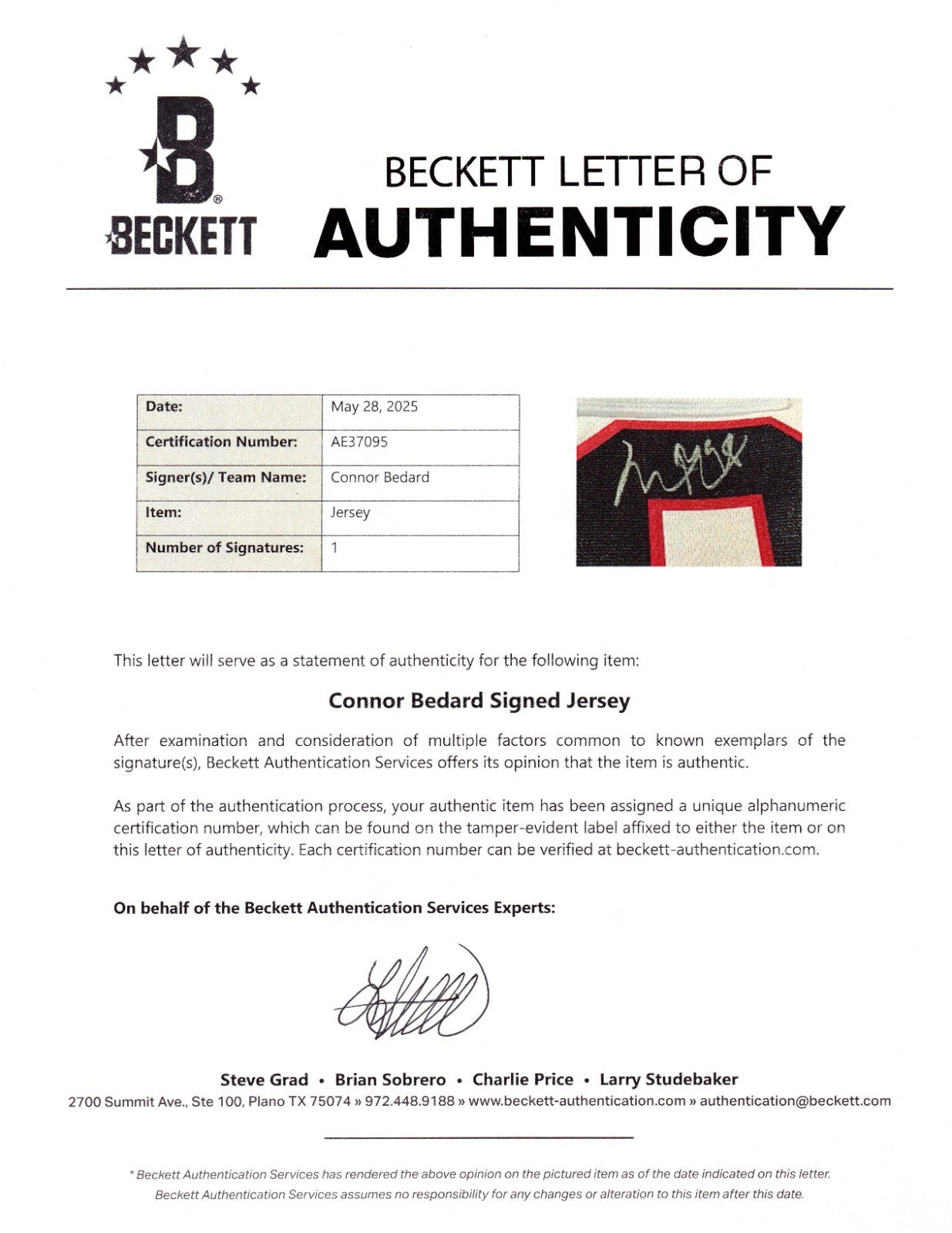 Connor Bedard Signed Chicago Blackhawks Hockey Jersey w/Beckett COA AE37095